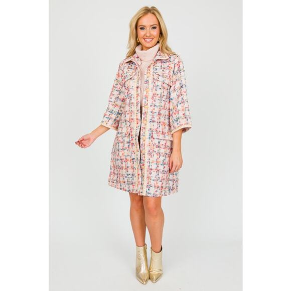 Easel Tweed Belted Shirt Dress/Coat, Teal Blush - Picture 5 of 11